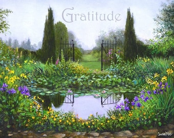 Inspirational Art by Susan Rios, Gratitude Art Print, Inspiring Art, Gratitude Art, Landscape Art, Landscape With Pond and Lilies