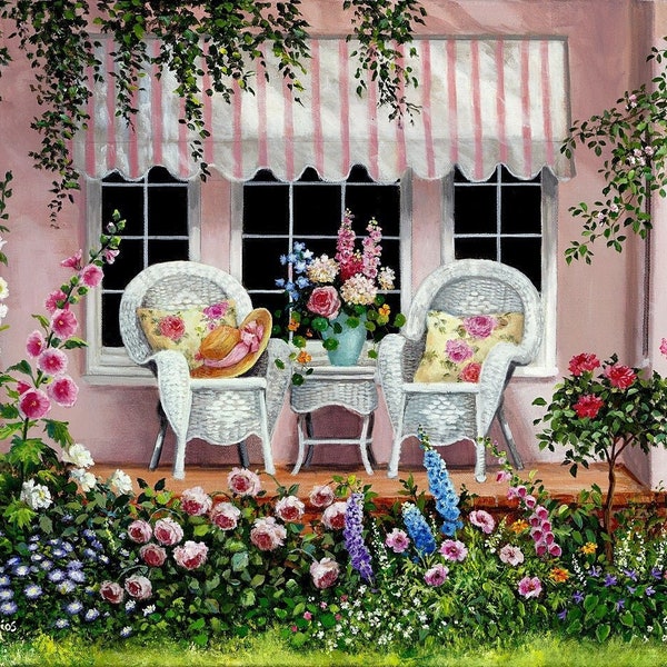 Pink Porch Floral Art Print by Susan Rios, Floral Patio With Wicker Chairs, Pink and White Awning on Floral Patio, Cottage Art