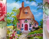 Storybook Cottage Art Print, Storybook Art, Floral Cottage Print, Pink Cottage Print, Cottage Art, Cottage Home Decor