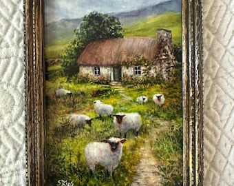 Irish Sheep Cottage Miniature Art - Hand Painted Signed Framed Print, Rustic Ireland Landscape Decor