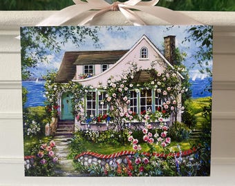 Rose Cottage Coastal Print, Romantic Floral Cottagecore Wall Art Seaside Home Decor