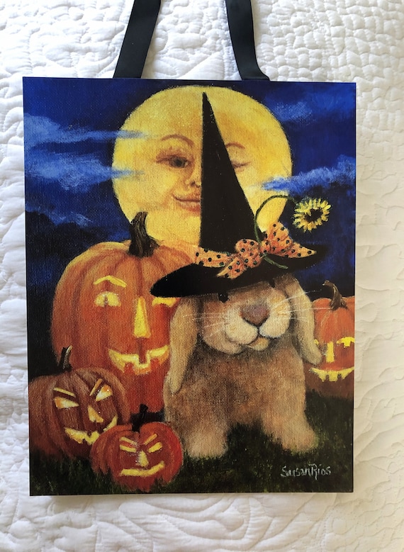 Halloween Bunny Witch Art: Iridescent Glitter Print on Board