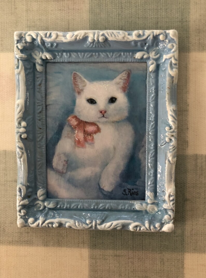 Miniature White Cat Framed Art by Susan Rios White Kitty Etsy