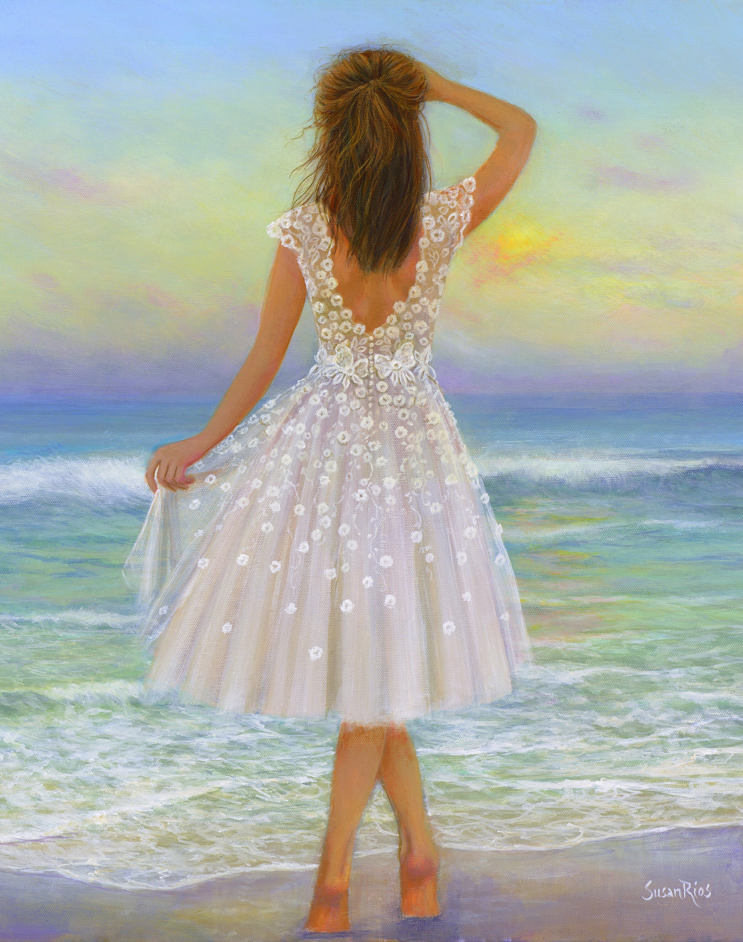 sachin and babi light blue dress Romantic Beach Sunset Art Print: Woman in Lace Dress, Coastal Decor