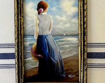 Miniature Seaside Painting: Woman By The Sea, Romantic Art with Easel