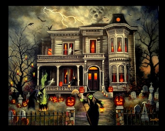 Eerie Haunted Manor Art Print: Witches, Pumpkins & Dark Mark - Halloween Night Spooky Scene