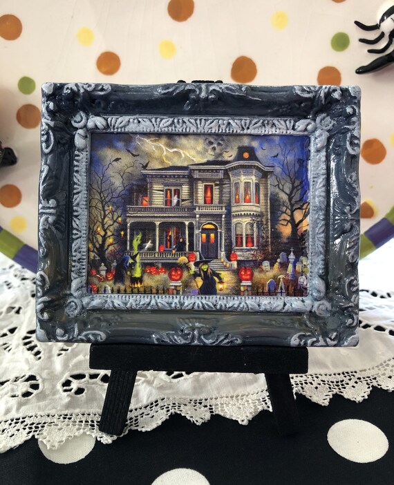 Hand-Enhanced Miniature Haunted House Framed Art: Halloween Decor