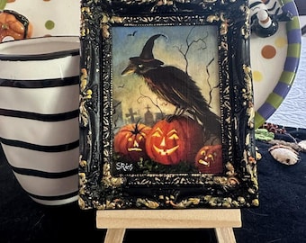 Spooky Miniature Framed Halloween Print: Raven & Pumpkins Art for Witchy Decor