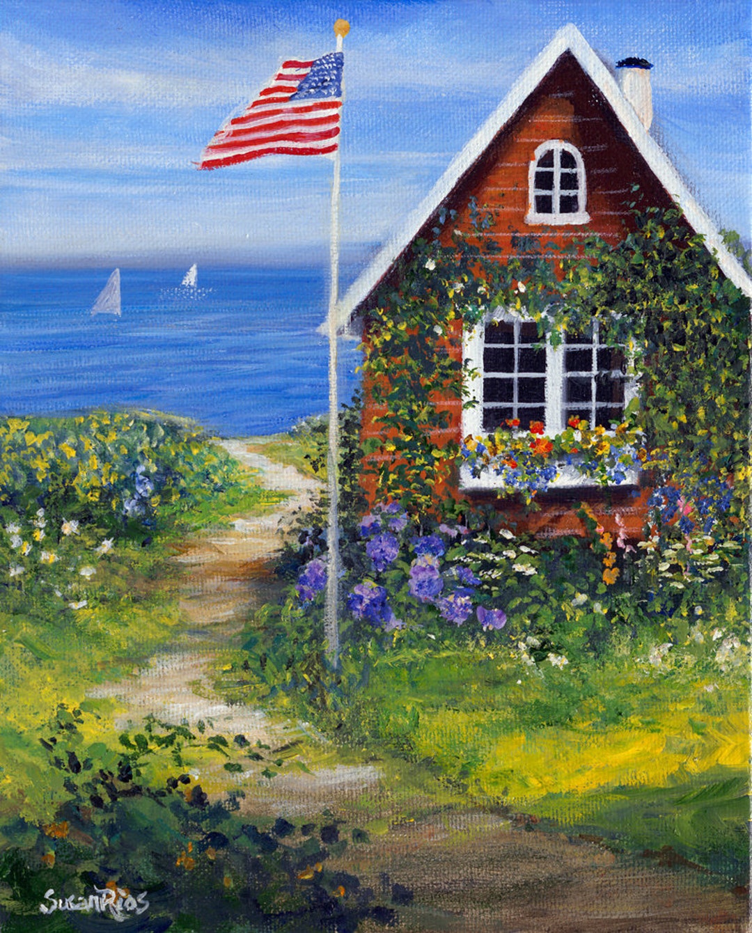 Red Cottage by the Sea Art Print, Cottage Art, Seaside Art, Seaside