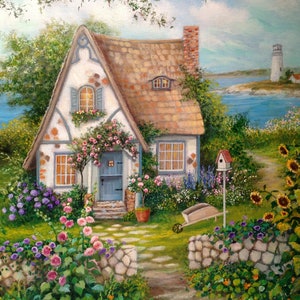 Welcome Home Cottage by Susan Rios, Floral Cottage by the Sea, Cozy Cottage by the Ocean With Lighthouse View