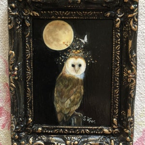 Magic Owl and Moon Miniature Framed Print by Susan Rios, White Owl Art, Snowy Owl Art Print, Magical Owl and Moon