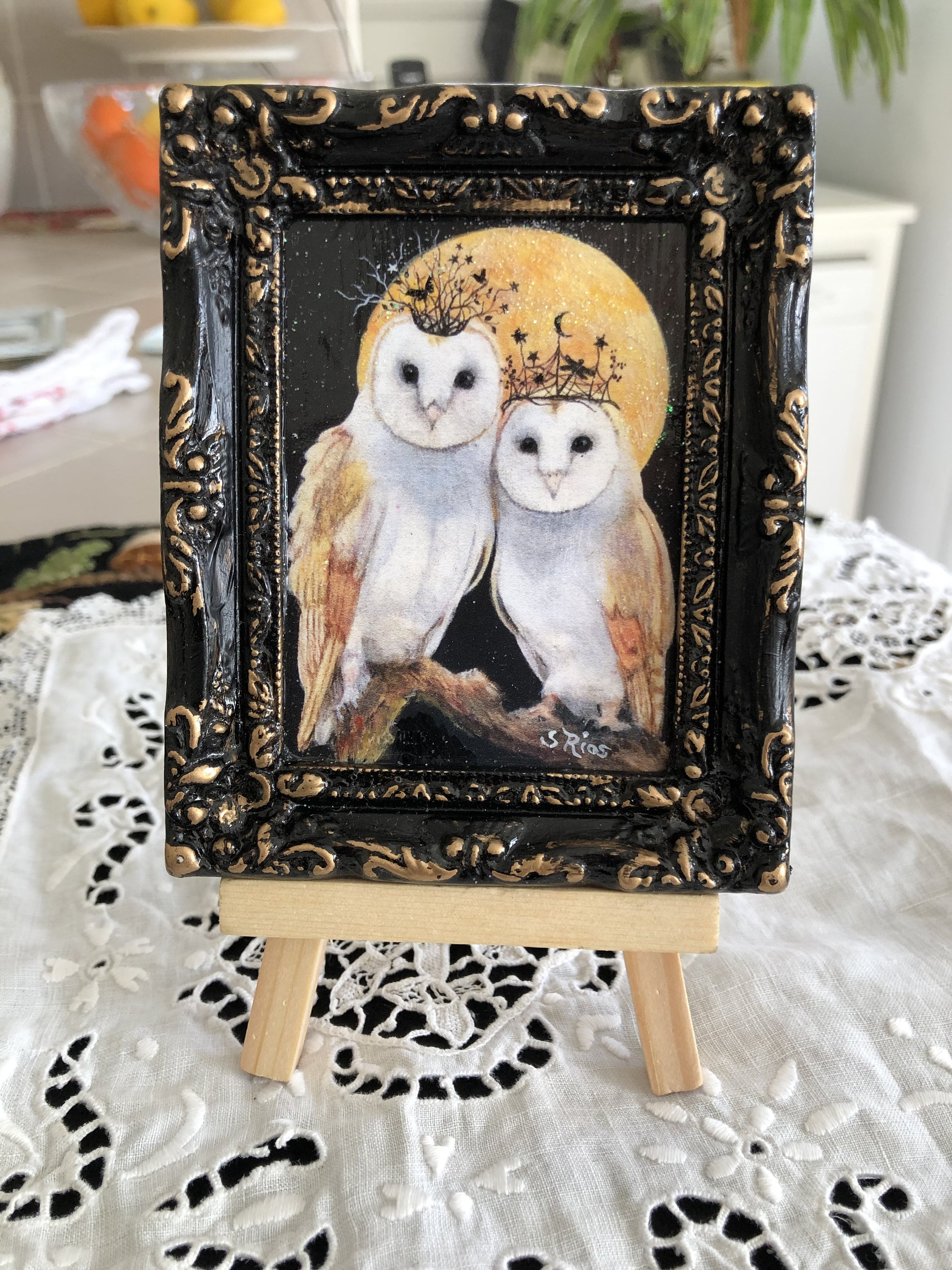 Miniature Owl Art Print: "Midnight Magic" Framed Owl Couple