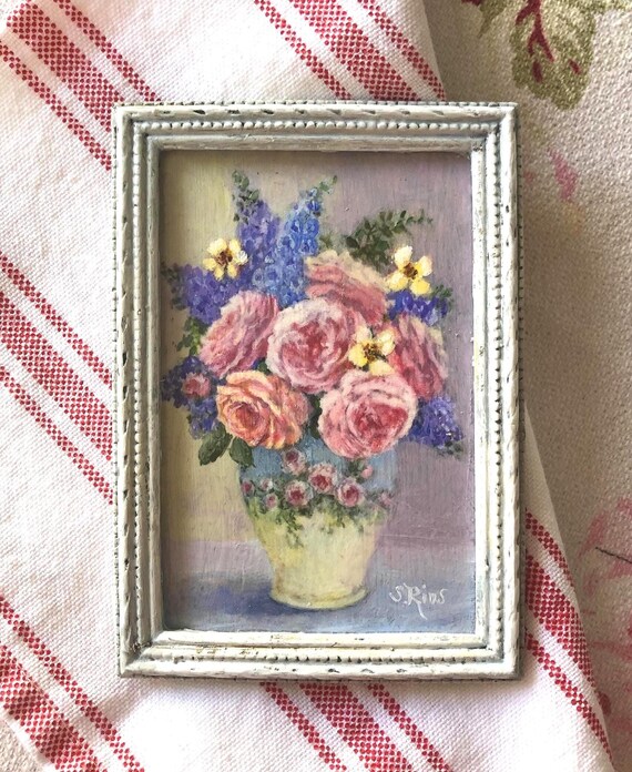 Miniature Shabby Chic Art by Susan Rios, Pink Rose Bouquet, Miniature Framed Floral Painting,