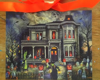 Art Picture Poster Photo Print 4FAL Halloween Haunted House & Orange Moon 