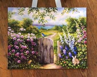 Bluebird Gate Garden Print: Roses, Hollyhocks, Bunny, Ocean View Wall Art