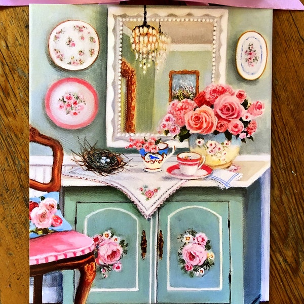 Vintage Treasures Art Print by Susan Rios, Vintage Furniture, Pink Rose Bouquet, Shabby Chic Art, Vintage China Plates