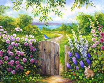 Bluebird Cottage Garden Art Print: Rustic Cottagecore Giclée Canvas