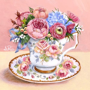 Pink Rose Teacup with Flowers Art Print, Floral Teacup, Vintage Teacup, Country Decor, Pink Floral Teacup