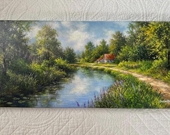 Peaceful Cottage Landscape Canvas Painting,  Original Nature Artwork by Susan Rios