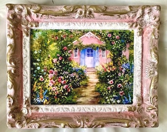 Miniature Cottage Garden Painting: Framed Floral Art