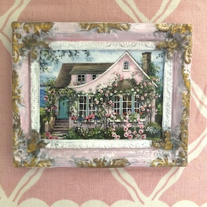 Pink Rose Cottage Art Print: Miniature Framed Seaside Cottage