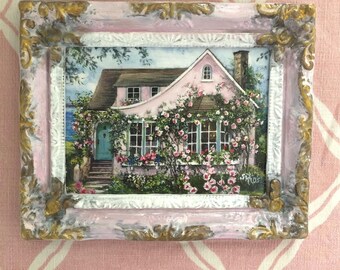 Pink Rose Cottage Art Print: Miniature Framed Seaside Cottage