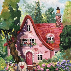 Valentine Cottage Art Print by Susan Rios, Pink Cottage, Vintage Pink Cottage, Cottage Art