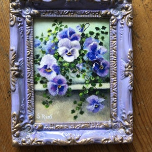 Miniature Framed Pansy Painting, Miniature Pansy Art Print, Purple Pansy Art, Floral Miniature Art, Shabby Chic Pansies