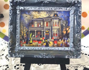 Hand-Enhanced Miniature Haunted House Framed Art: Halloween Decor