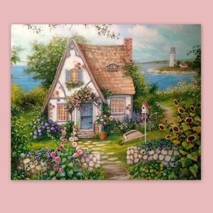 Seaside Cottage Art Print: Coastal Lighthouse & Flower Garden