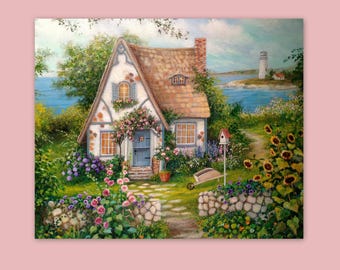 Seaside Cottage Art Print: Coastal Lighthouse & Flower Garden