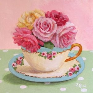 Vintage Teacup Art Print by Susan Rios, Pink Rose Teacup, Teacup With Roses, Country Decor, Rose Bouquet