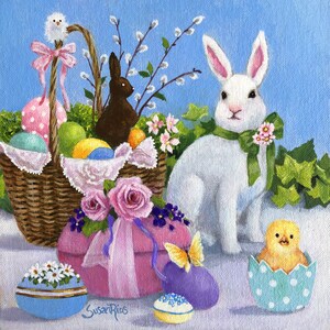 Easter Bunny Art, Easter Bunny with Baby Duck and Chick, Lop Eared Easter  Bunny, Easter Baby Duck, Easter Baby Chick, Easter Decor