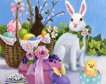 Happy Easter Art Print by Susan Rios, Easter Art, Easter Decor, Easter Decoration, Easter Basket and Bunny