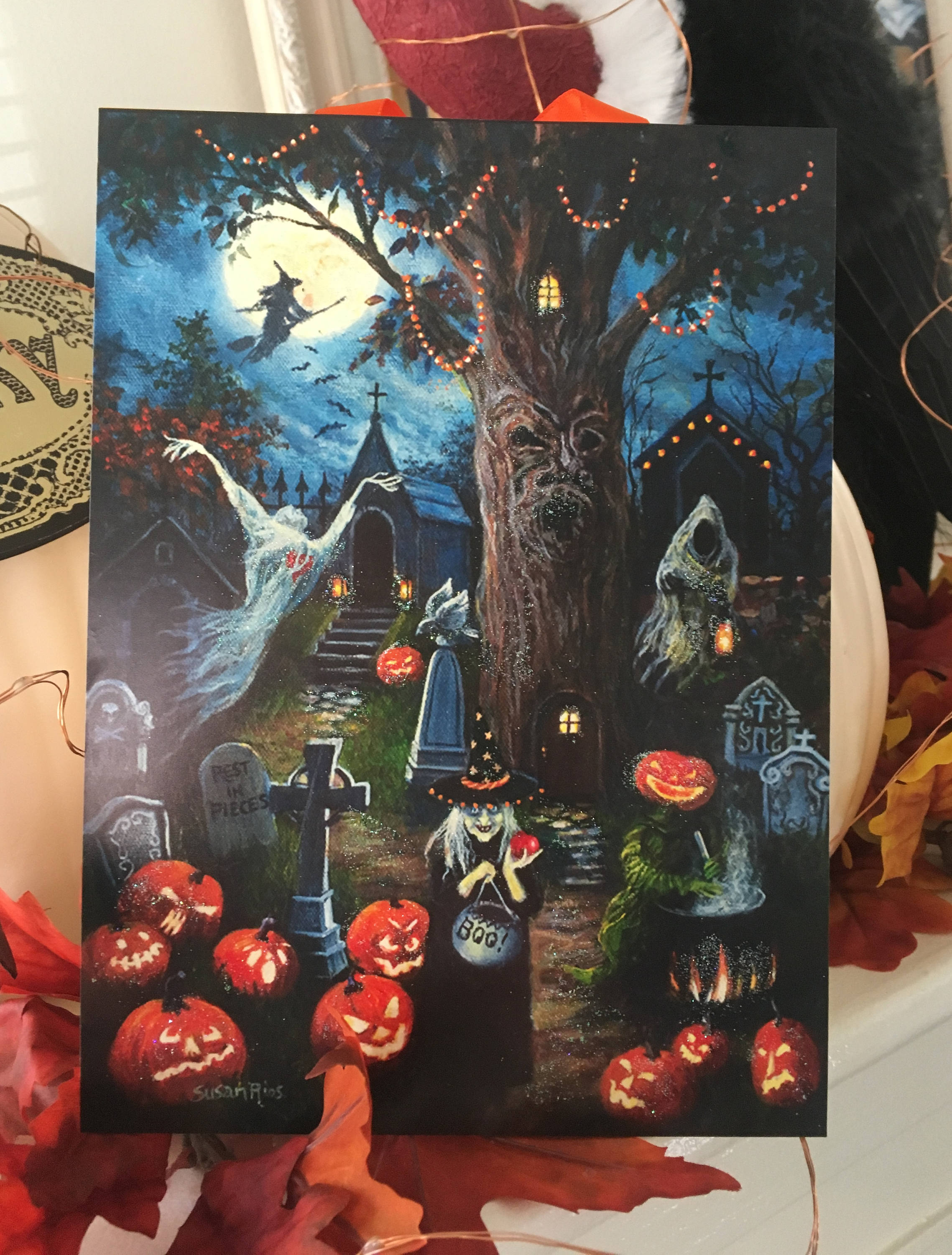 Eerie Halloween Night Art Print: Witches, Jack-o'-Lanterns