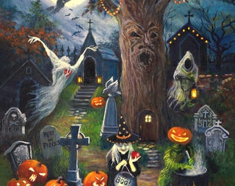 Eerie Halloween Graveyard Scene Canvas Print: Haunting Nighttime Cemetery Wall Art Decor