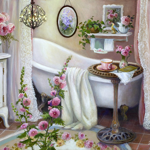 Vintage Bathroom Print by Susan Rios, Vintage Bathtub, Romantic Bathroom Art Print, Soft Pink Bathroom, Bathroom Decor