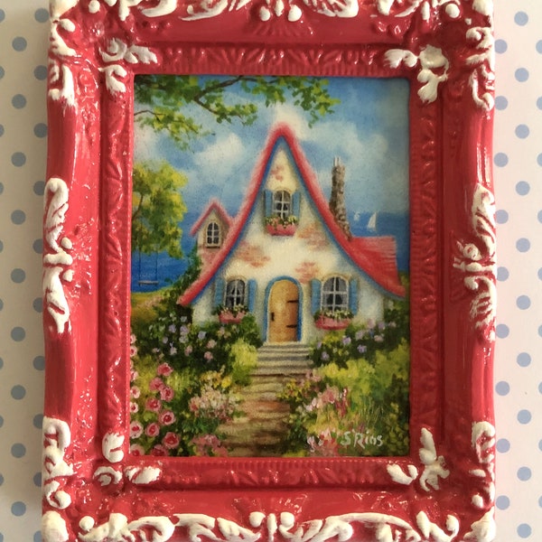 Pink Cottage Miniature Art, Cottage Art Print, Cottage by The Sea Art, Cottage Decor, Miniature Cottage Painting, Miniature Frame Art