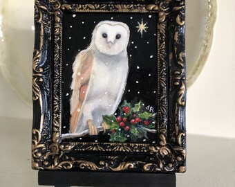 Snowy Owl Miniature Framed Painting: Hand-Painted Christmas Star Art
