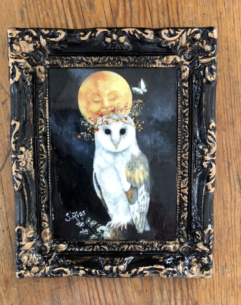 Owl and Moon Miniature Framed Print, Owl Art, Owl and Moon Art, Moon Art, White Owl image 2