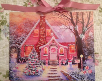 Pink Christmas Cottage Print Glittery Shabby Chic Holiday Decor Wall Art