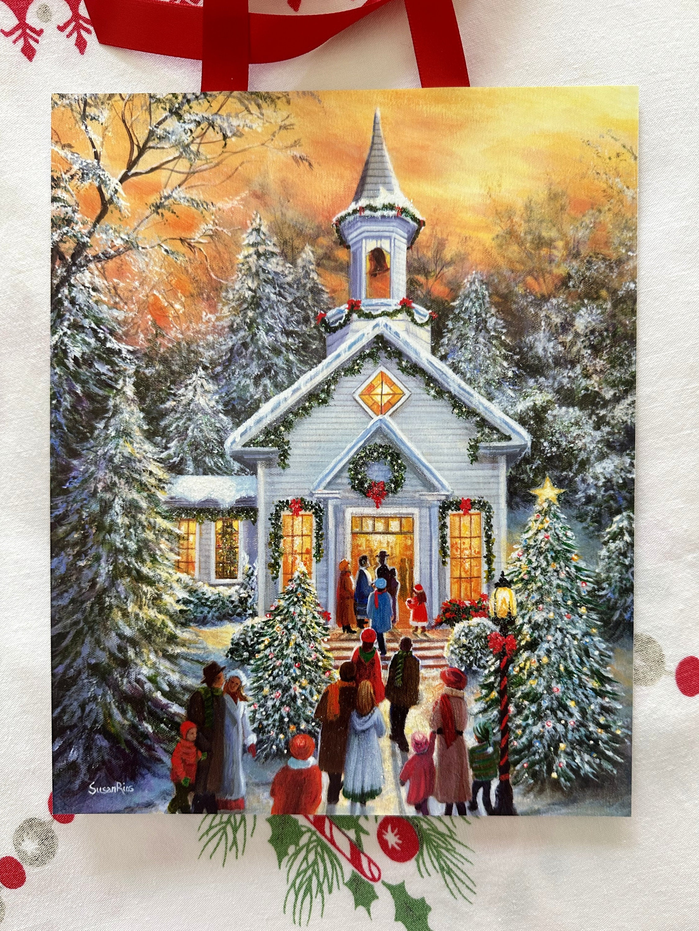 Glittery Winter Church Scene Art Print: Christmas Eve Snowy