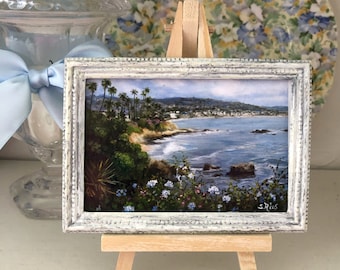 Laguna Beach Miniature Framed Art Print - Hand-Highlighted Coastline Painting Ocean Shores Wall Decor