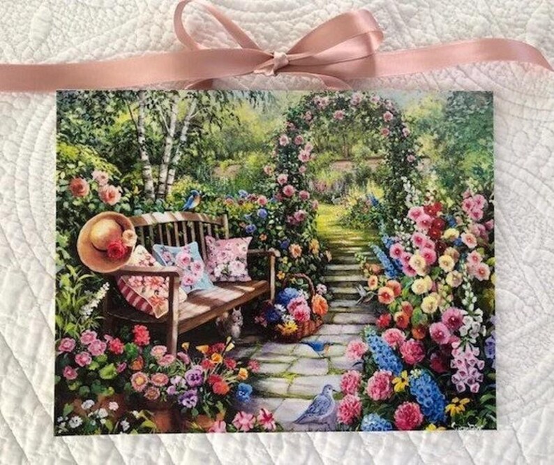 Floral Garden Art Print: Hollyhocks, Roses, and Rose Trellis by Susan ...