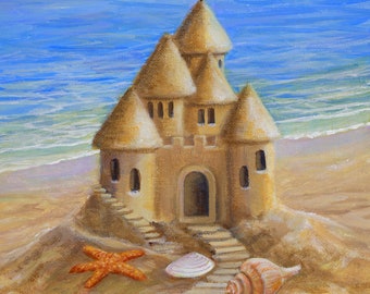Sand Castle Art Print by Susan Rios, Ocean Art, Sand Castle With Seashells, Sand Castle Art, Starfish and Seashells