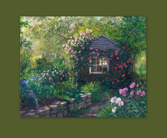 Cottage Garden Art Print: Floral Rose Stone Wall Decor for Country