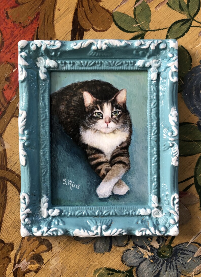 Miniature Framed Cat Art Gray and White Cat Miniature Etsy