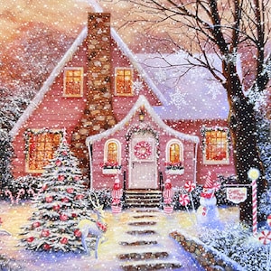 Snowy Christmas Cottage by Susan Rios, Pink Christmas Cottage, Holiday Cottage, Christmas Art, Pink Christmas