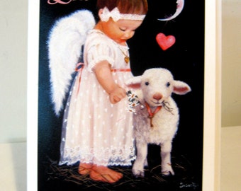 Greeting Card of "The Littlest Angel" Valentine, Love, Hearts and Lambie