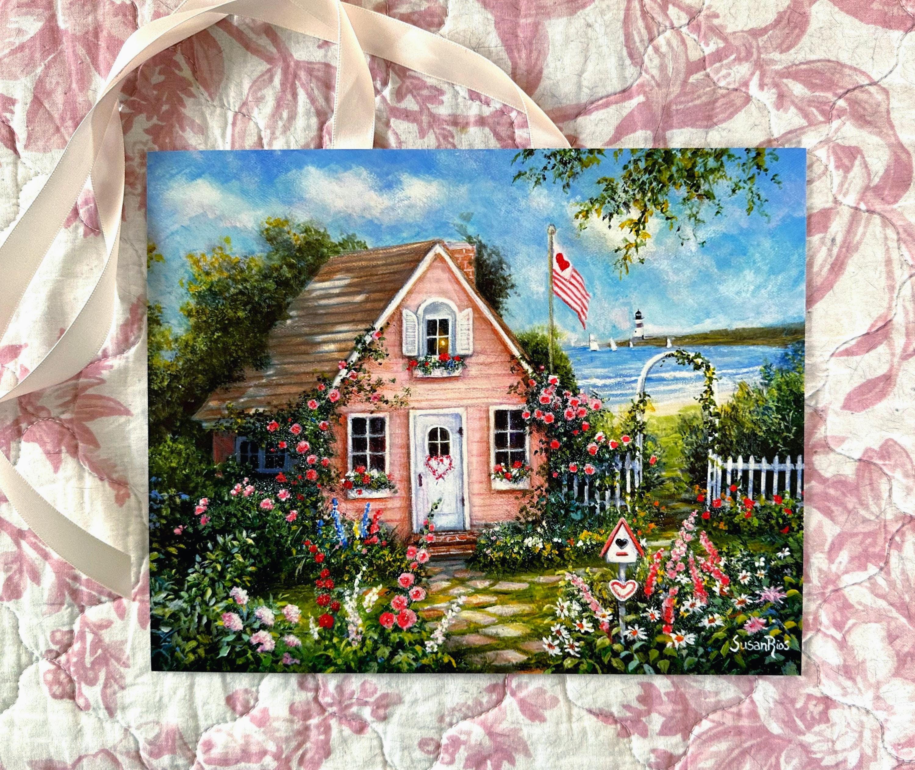 Pink Cottage Seaside Art Print by Susan – Roses, Garden, Coastal Wall ...